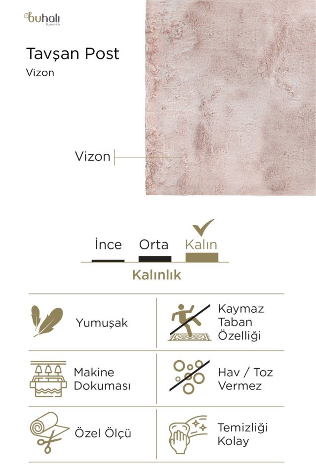 Buhalı Tavşan Post Vizon Dikdörtgen Yumuşak Tüylü Kaymaz Tabanlı Halı
