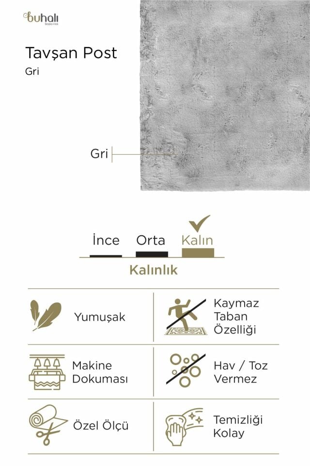Buhalı Tavşan Post Gri Dikdörtgen Yumuşak Tüylü Kaymaz Tabanlı Halı