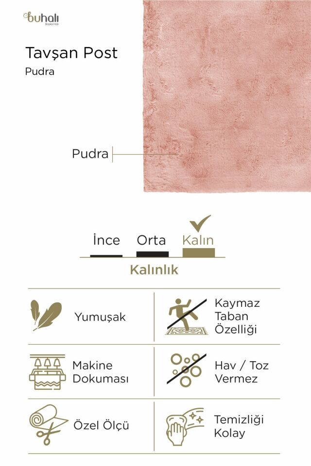 Buhalı Tavşan Post Pudra Dikdörtgen Yumuşak Tüylü Kaymaz Tabanlı Halı