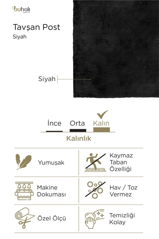 Buhalı Tavşan Post Siyah Dikdörtgen Yumuşak Tüylü Kaymaz Tabanlı Halı