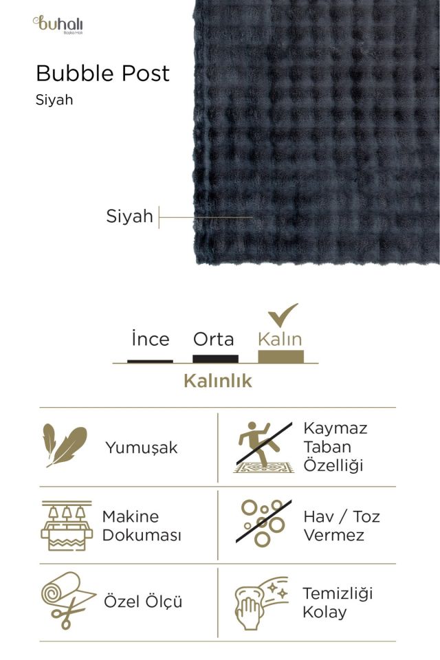 Buhalı Bubble Post Siyah Dikdörtgen Yumuşak Tüylü Kaymaz Tabanlı Halı