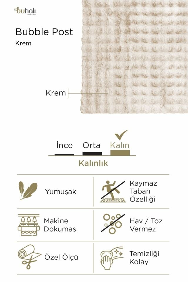Buhalı Bubble Post Krem Dikdörtgen Yumuşak Tüylü Kaymaz Tabanlı Halı