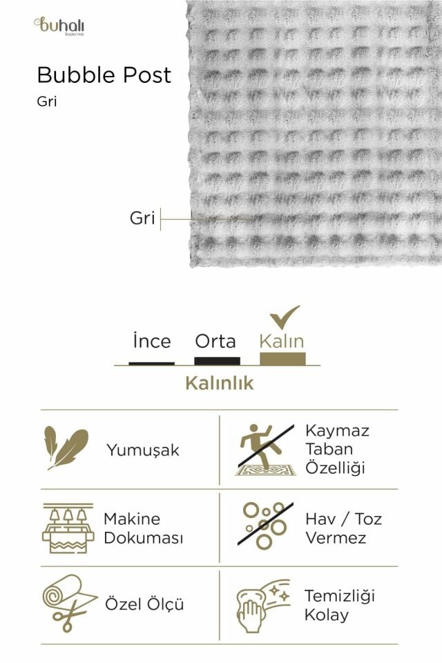 Buhalı Bubble Post Gri Dikdörtgen Yumuşak  Tüylü Kaymaz Tabanlı Halı