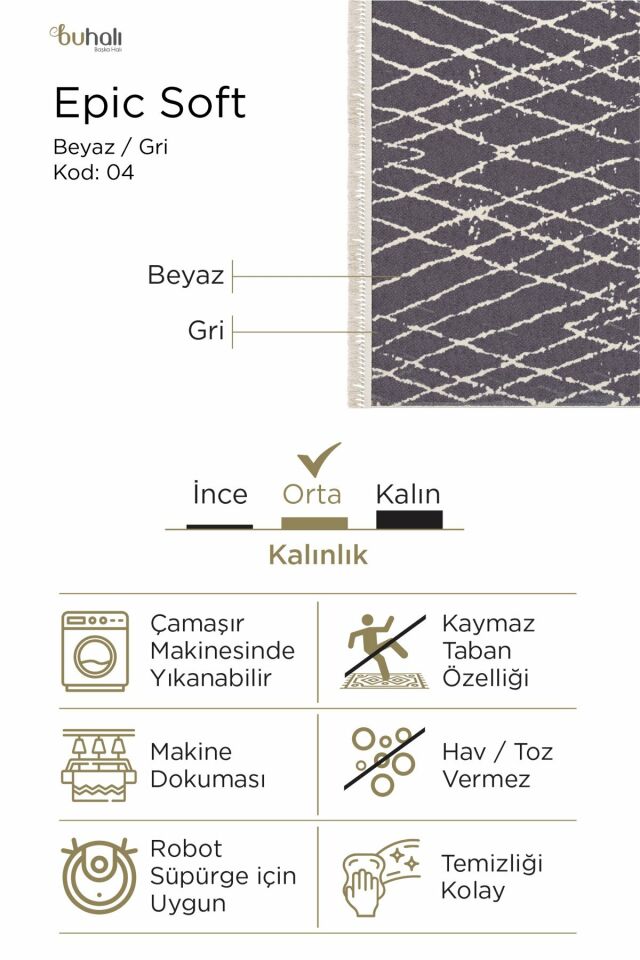 Buhalı Epic Soft 04 Beyaz Gri Kaymaz Tabanlı Dekoratif Halı