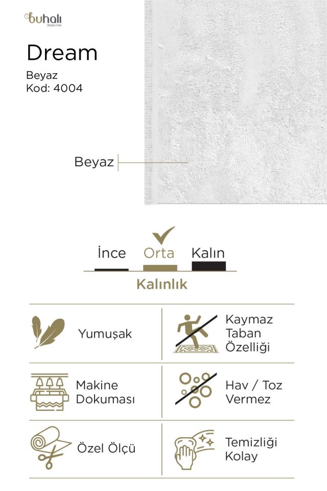 Buhalı Dream 4004 Beyaz Yumuşak Tüylü Kaymaz Tabanlı Halı